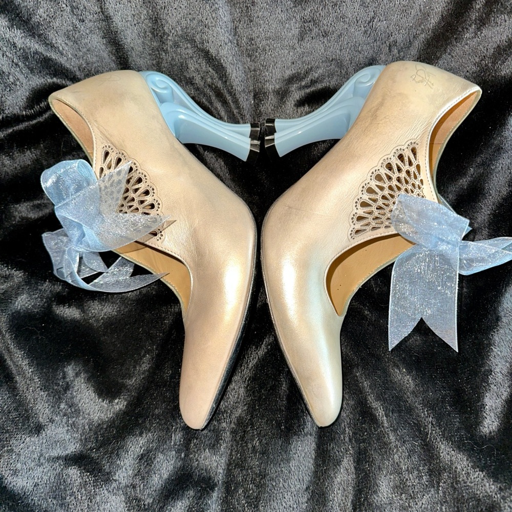 John Fluevog Vintage Celestial Communication Estella, Gold/Blue Heels, Size 7.5